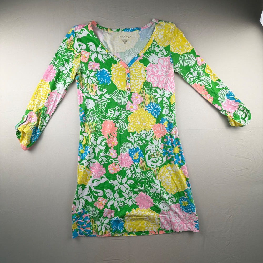 Lilly Pulitzer Pima Cotton Henley Dress Womens Small Green Pink Floral Print 243